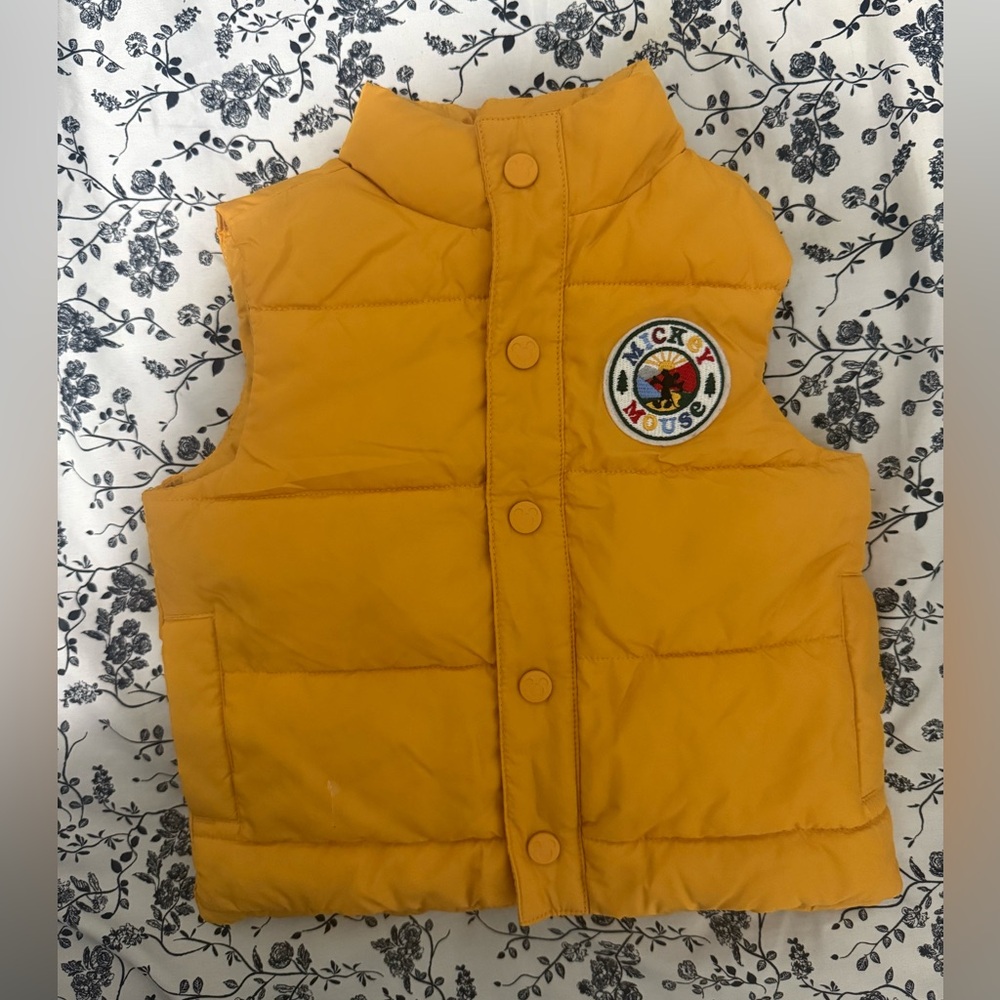 Janie and Jack Mustard Baby Puffer Vest with Mickey Mouse patch